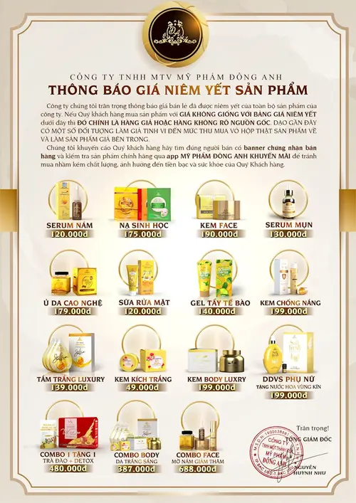 Bảng giá niêm yết Mỹ phẩm Đông Anh