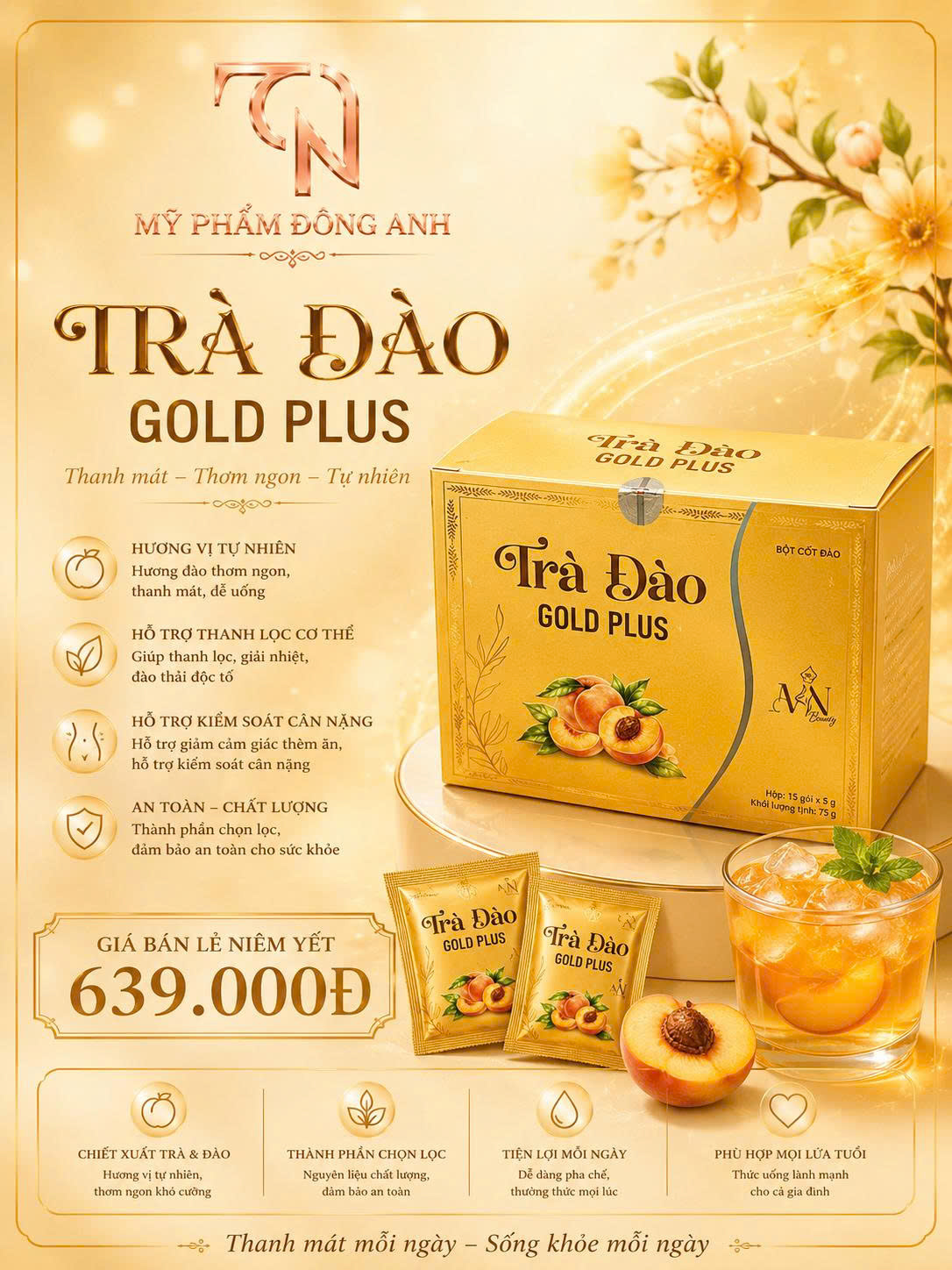 Trà Đào Gold Plus Đông Anh Hỗ Trợ Giảm Cân, Thanh Lọc Cơ Thể Hộp 15 Gói