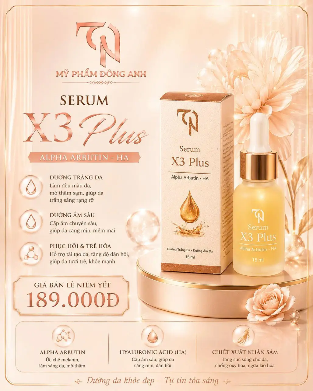 Serum X3 Plus Alpha Arbutin - Ha Đông Anh 15ml Dưỡng Trắng, Cấp Ẩm, Hỗ